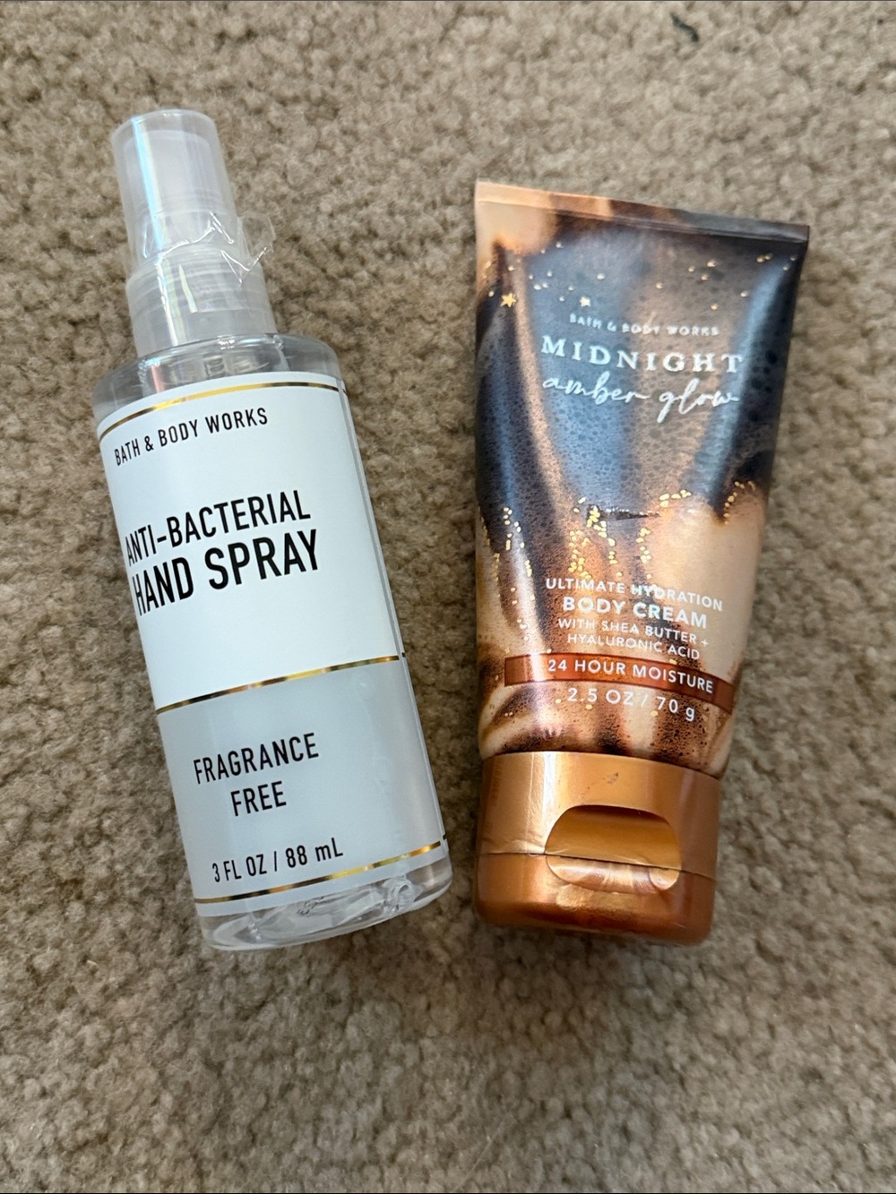 Travel size Midnight Amber Glow body cream & Fragrance Free Antibacterial spray